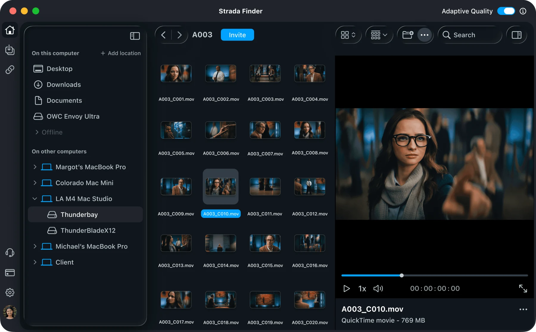 The Strada Finder interface browsing video files across remote computers and storage drives